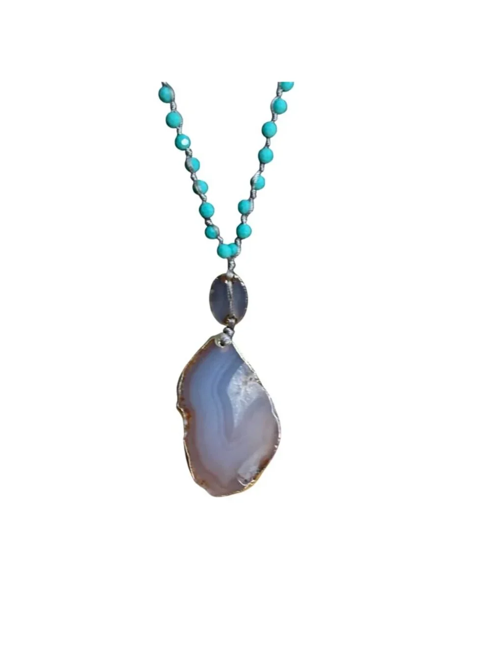 Necklace Purple Agate Pendant Blue Faceted Beads Hand Knotted Cord 36 inches